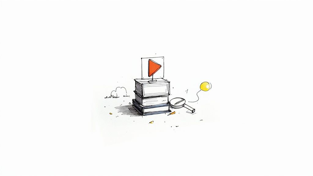 Stack of books with orange play button flag, connected mouse and yellow balloon illustration