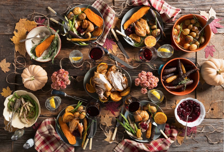 Christmas Dinner Spread on Wooden Table