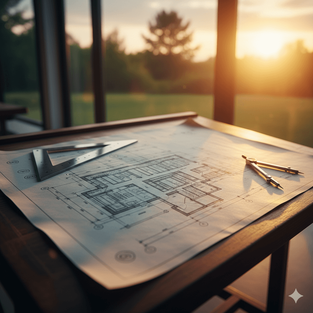 Architectural house plan on a desk overlooking a golden sunset at a Haryana residential project site