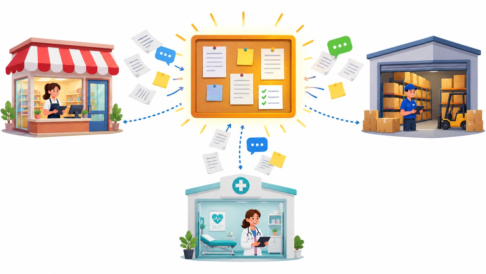 A centralized notice board connecting a retail store, warehouse, and clinic through digital documents and messages.