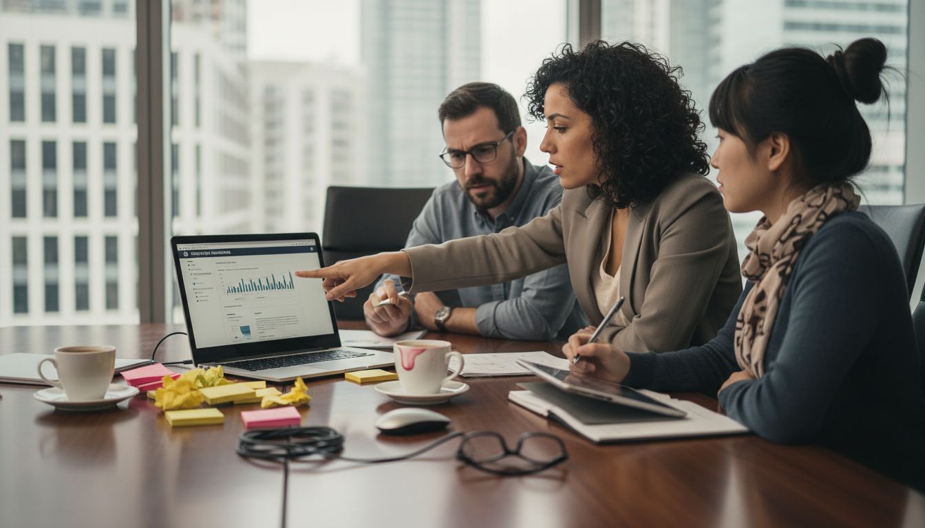 Des collaborateurs échangent autour de la table sur les outils d’IA dédiés au référencement naturel.
