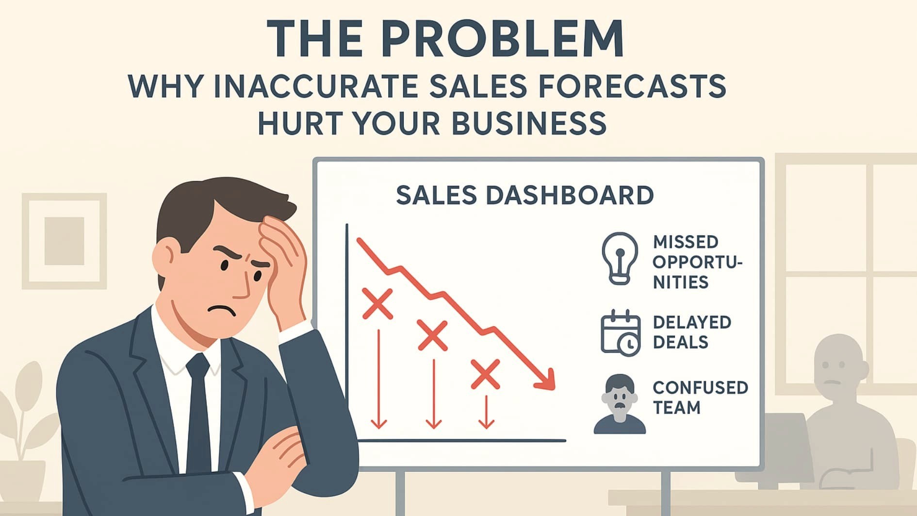 Frustrated sales manager reviewing data highlighting poor forecasting sales pipeline accuracy.
