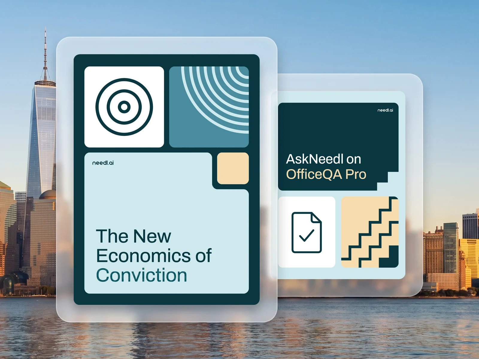 Illustration of two whitepaper covers: The New Economics of Conviction, and AskNeedl on OfficeQA Pro, coming soon