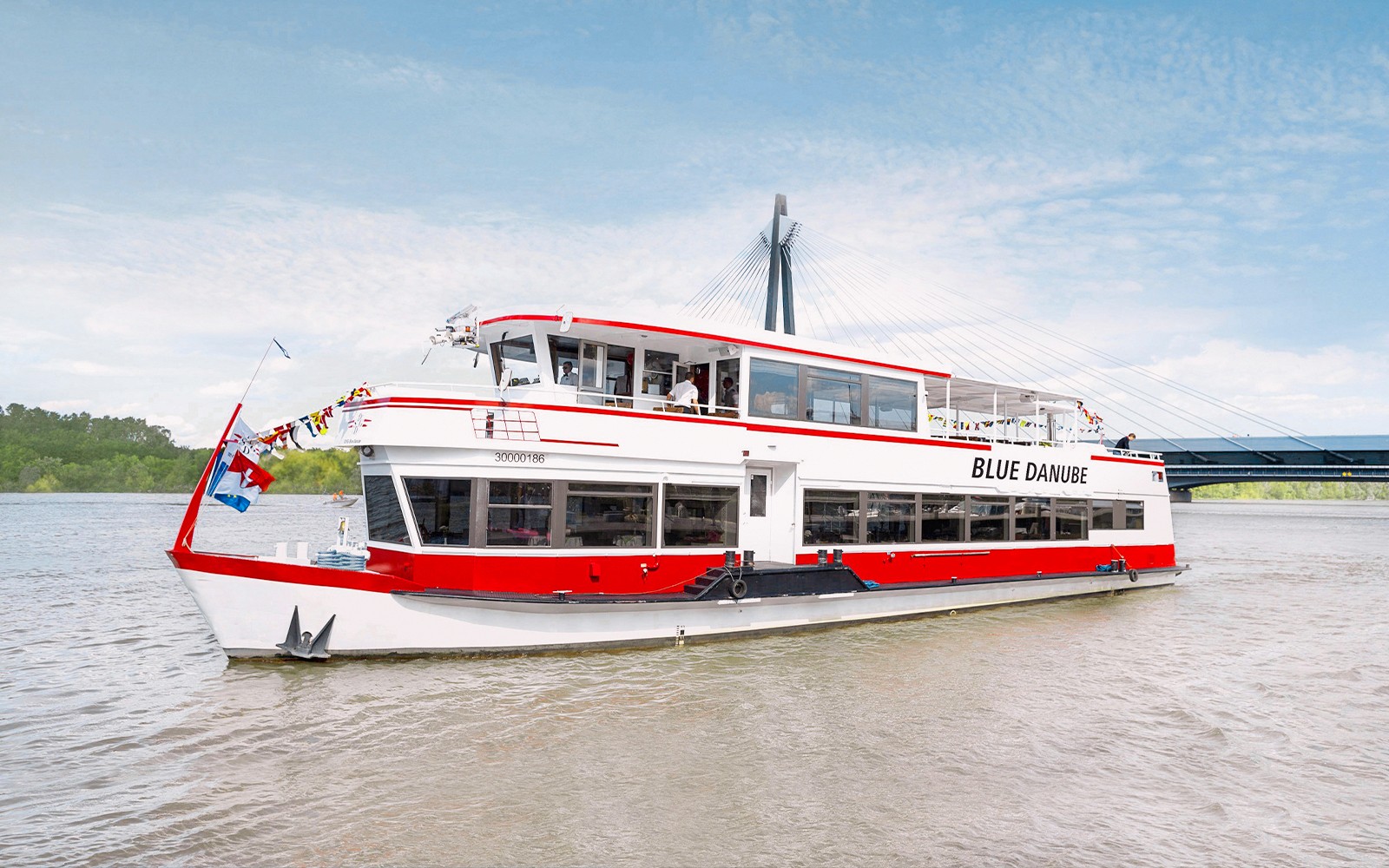 Sightseeing cruise boat on the Danube Canal in Vienna.