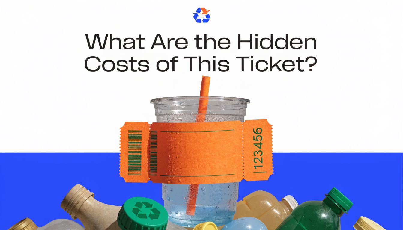 An orange ticket wrapped around a plastic cup with a straw, surrounded by recyclable plastic waste.