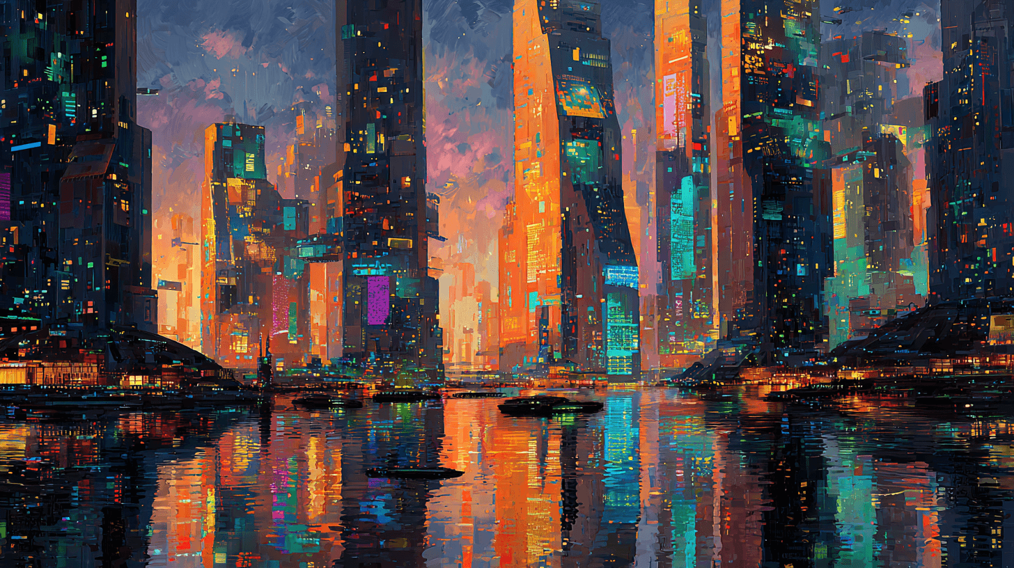 A vibrant oil painting of a futuristic cityscape illuminated by neon colors. The scene features tall skyscrapers, bright lights, and a reflection on the water below, symbolizing innovation, technology, and the high-tech infrastructure supporting advanced industries like semiconductor manufacturing.
