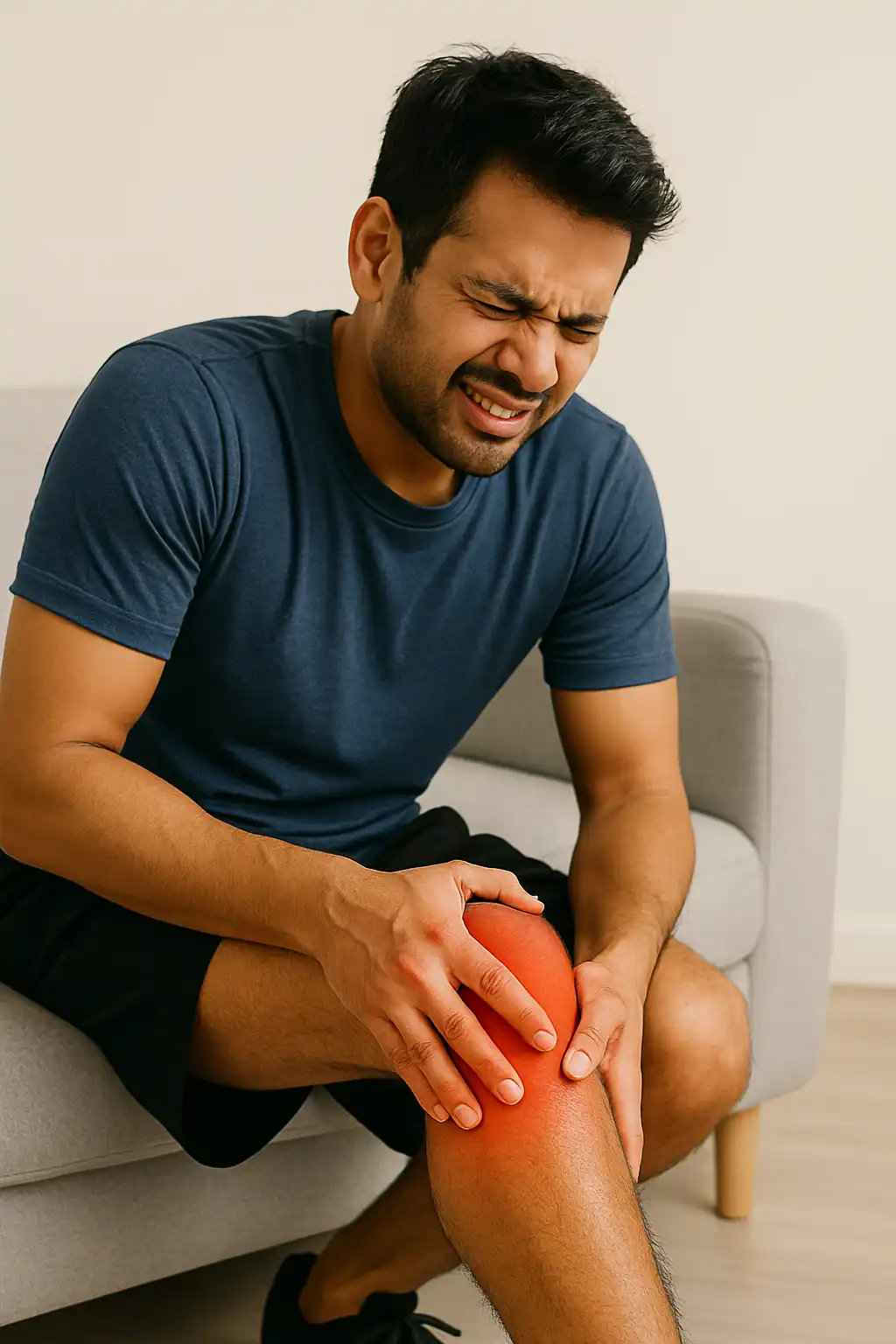 Man holding his knee in pain, indicating acute knee inflammation or injury.
