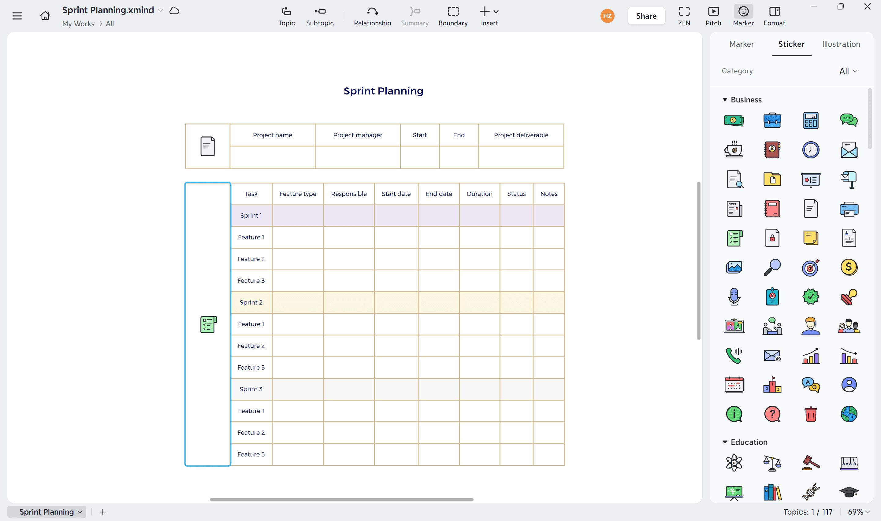 Sprint planning template with task organization table