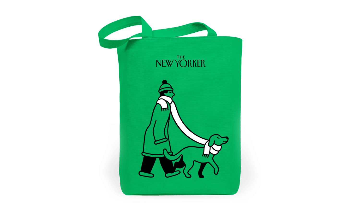 Green limited-edition tote for The New Yorker with animated Miguel Porlan's winter illustration.