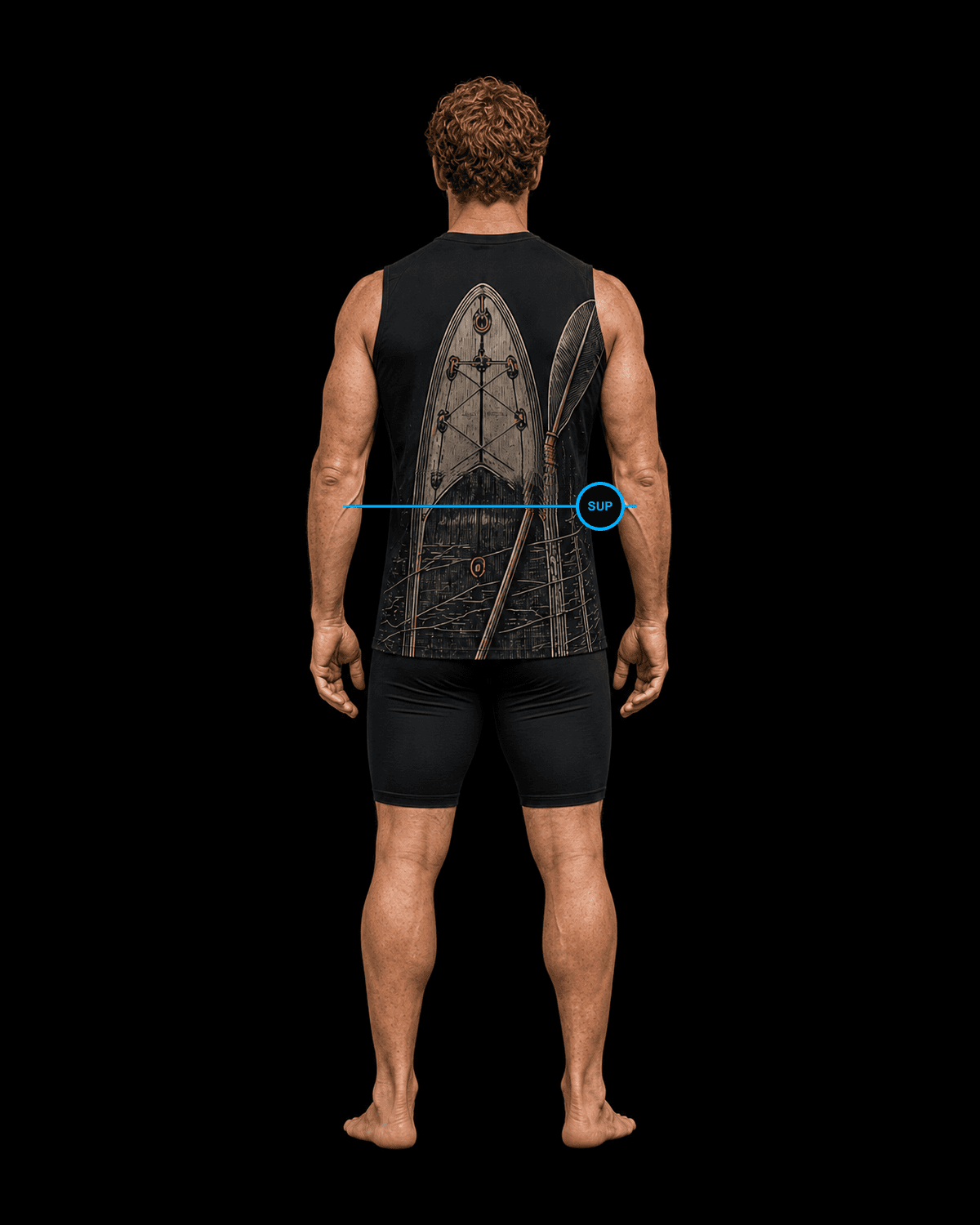 Back view of the same male stand-up paddler wearing the black Valkyrie Formation SUP kit concept with an engraved paddleboard deck and single-blade paddle.