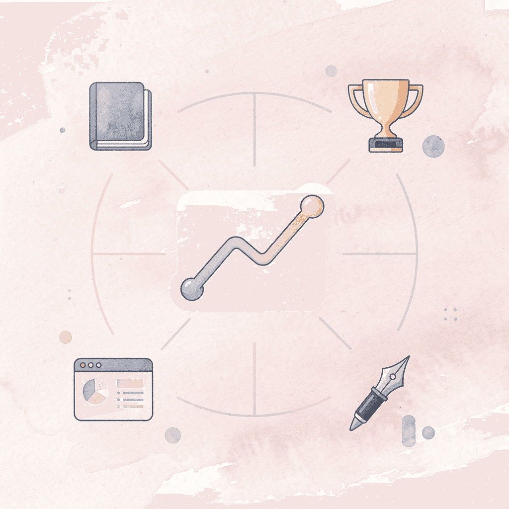 Hub icon showing a college application profile connected to GPA, course rigor, activities, and essay