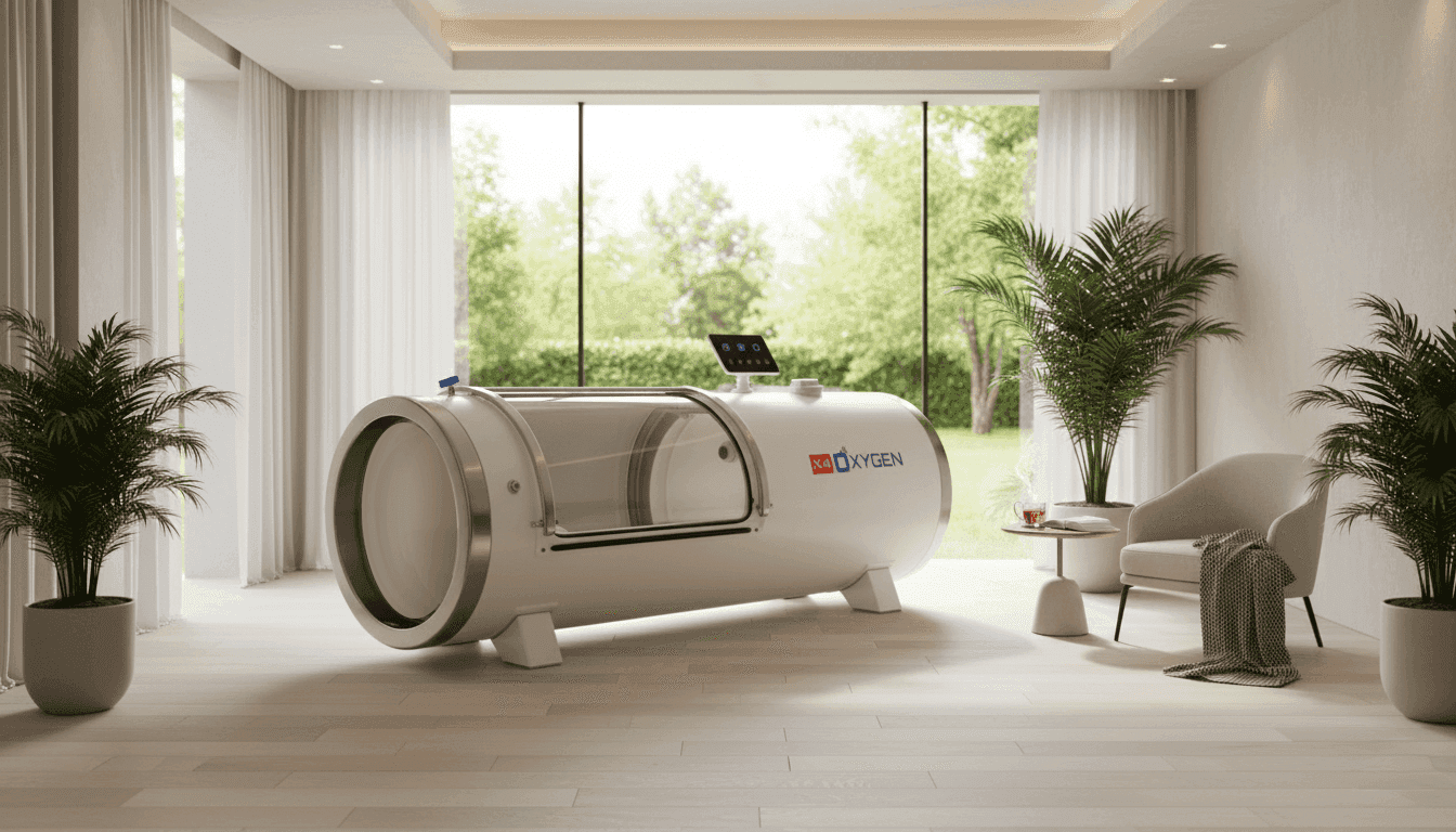 Hyperbaric oxygen therapy chamber in a tranquil spa setting. Model H85-25 from X4Oxygen