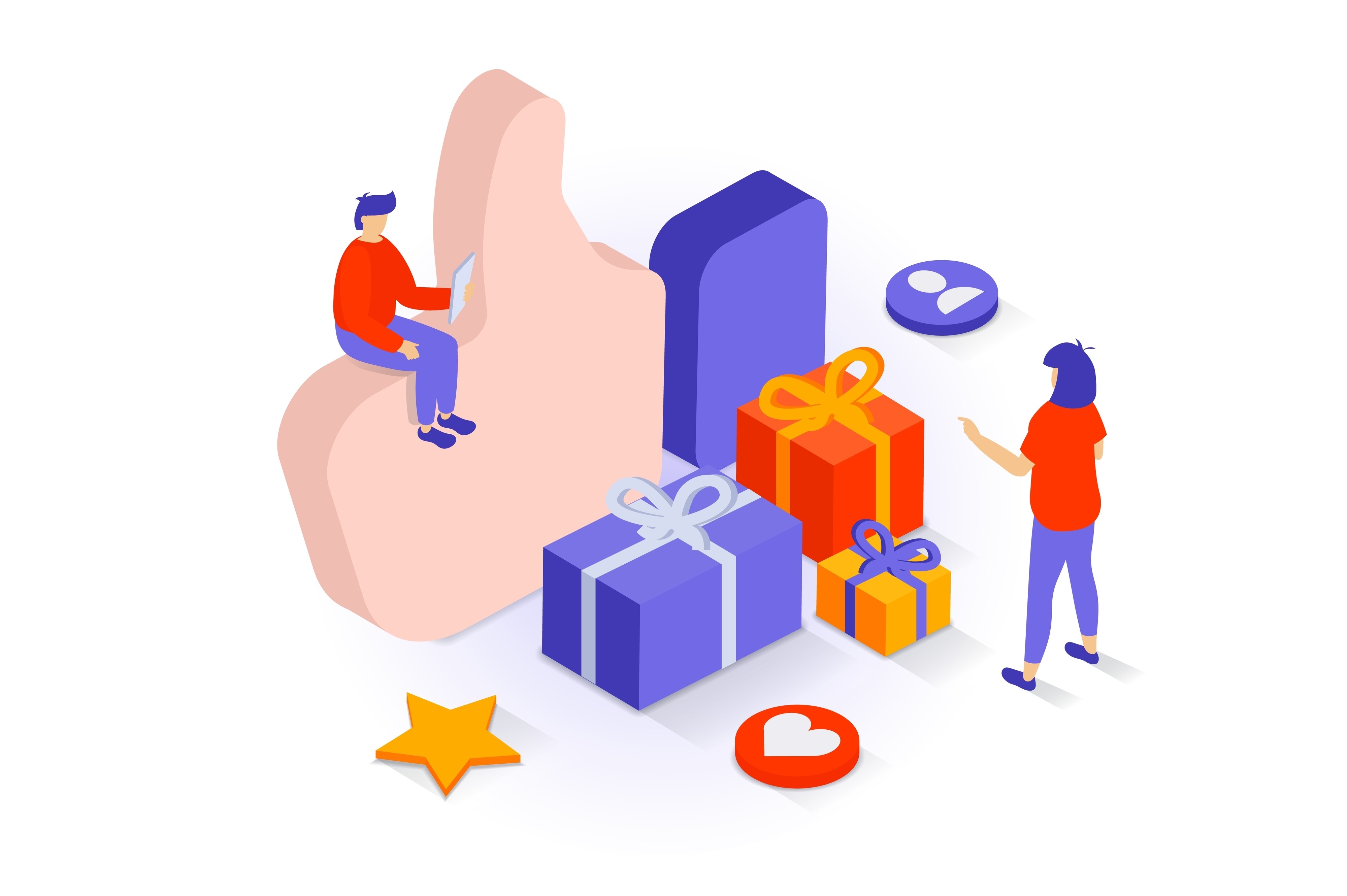 Isometric illustration of influencer gifting campaign with thumbs up and social engagement icons