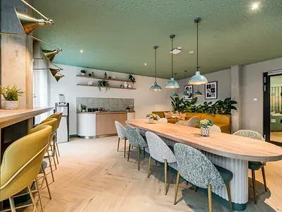 Communal kitchen and social area at student accommodation in Berlin