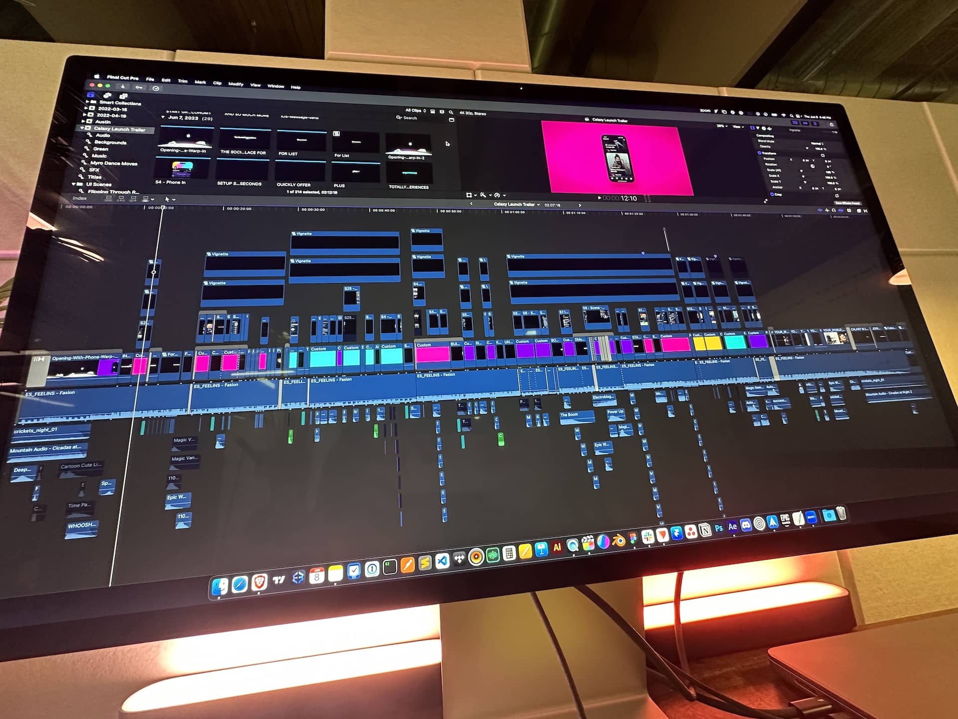 Chadd Weston's Apple Studio Display showing the Final Cut Pro edit timeline for the Calaxy launch commercial.