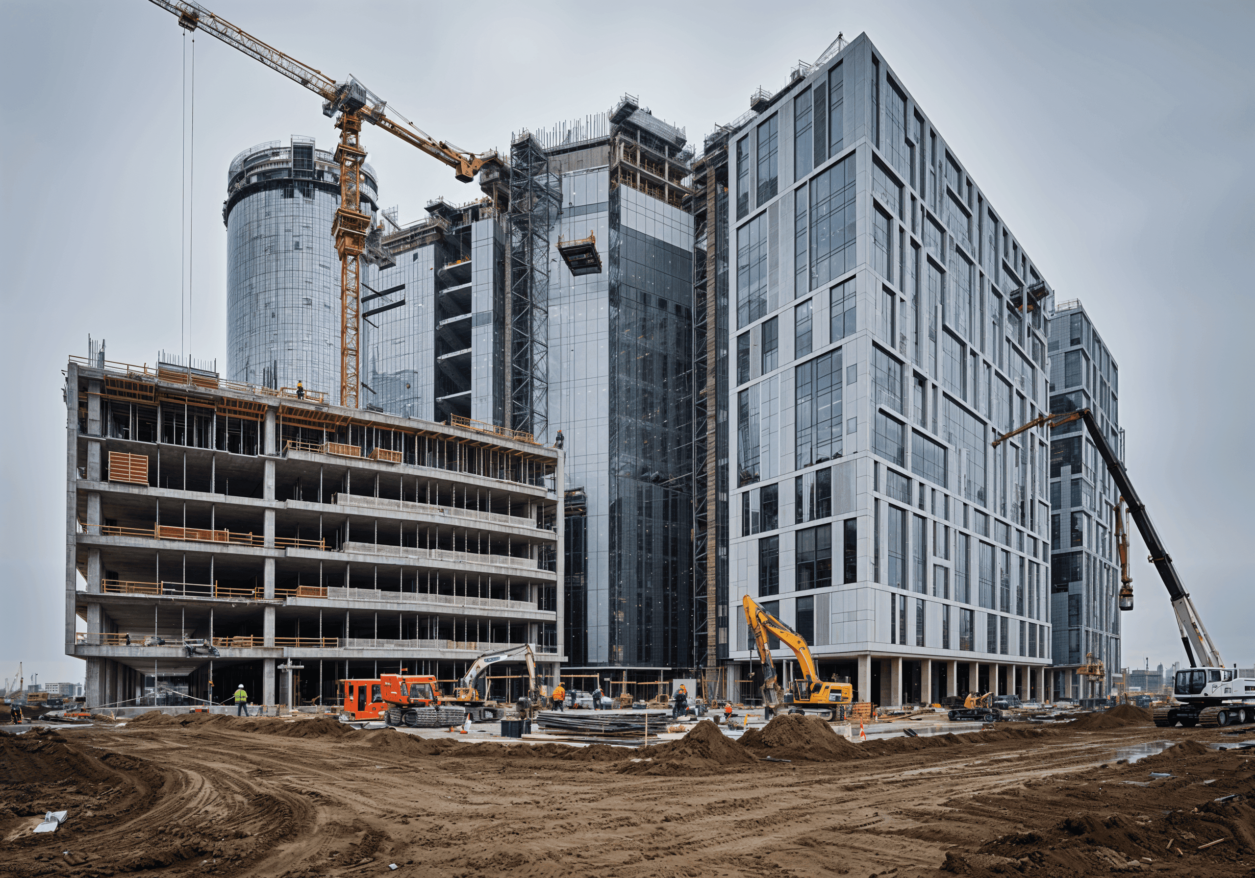 A construction site with cranes, excavators, and buildings in progress, featuring a glass facade and exposed concrete floors.