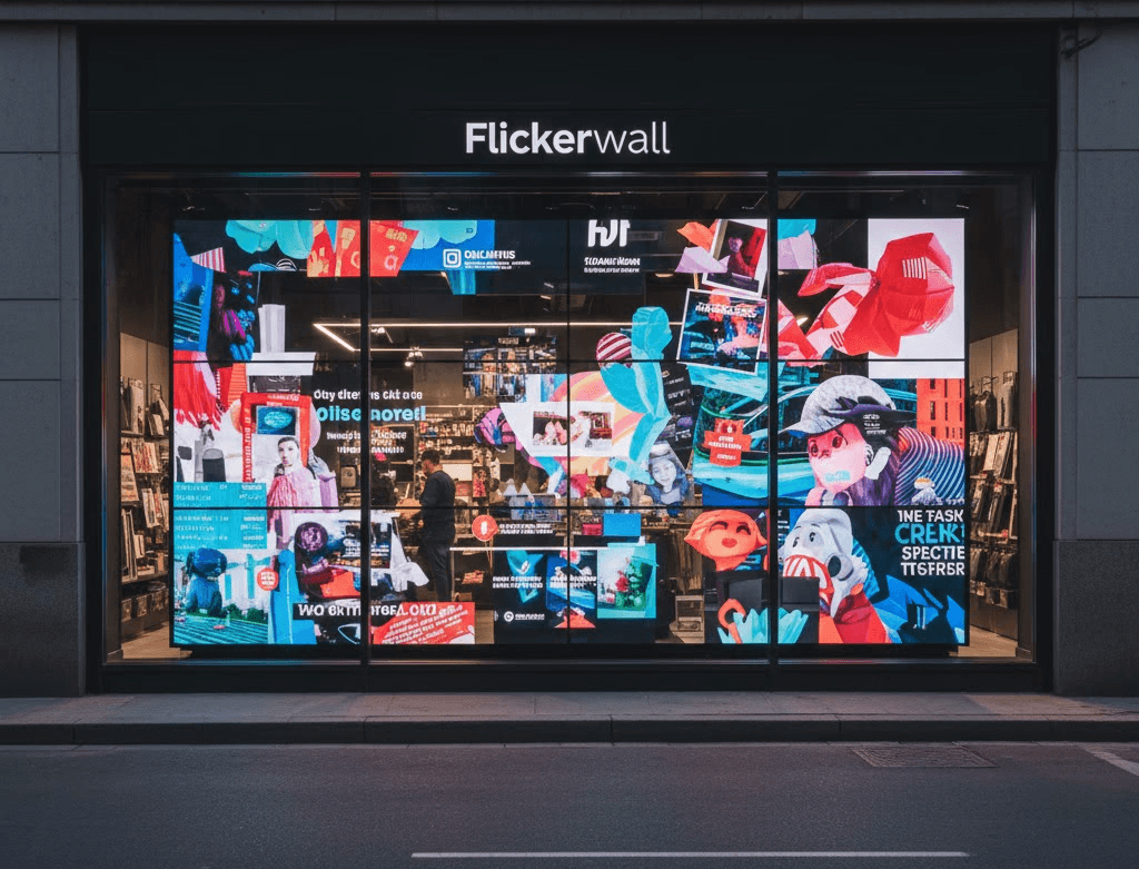 A modern retail digital signage display showing dynamic content in a store window