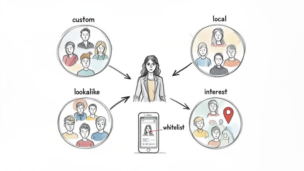 Diagram of audience targeting methods (custom, local, lookalike, interest) connecting to a central influencer with a whitelisted profile.