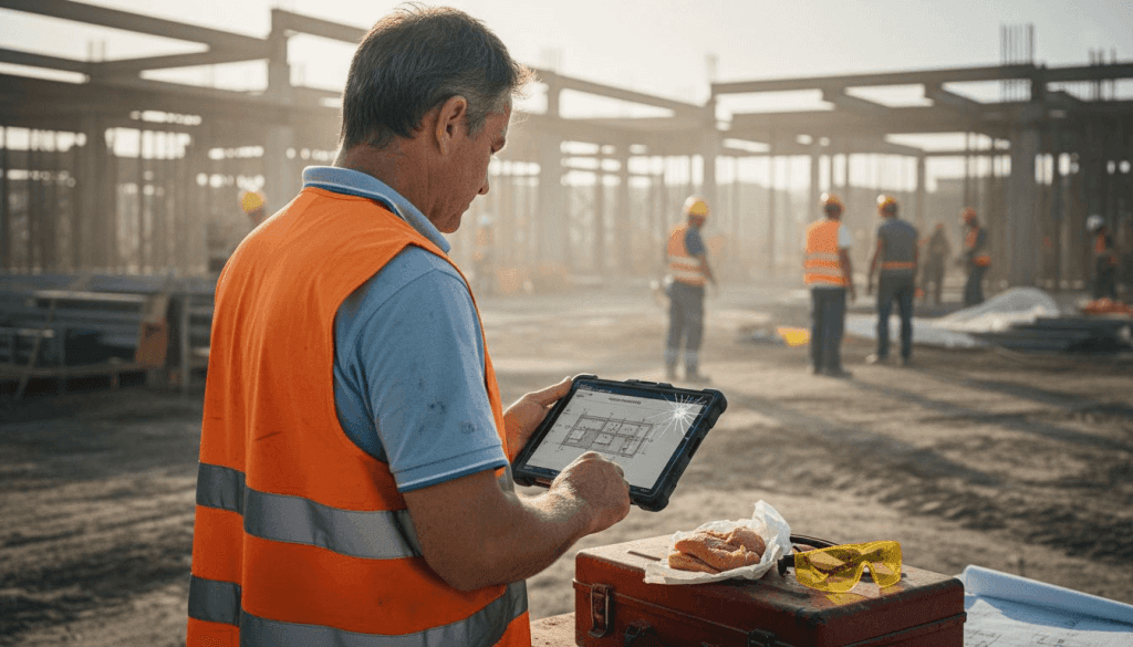 Il responsabile controlla i progetti del cantiere direttamente dal tablet.