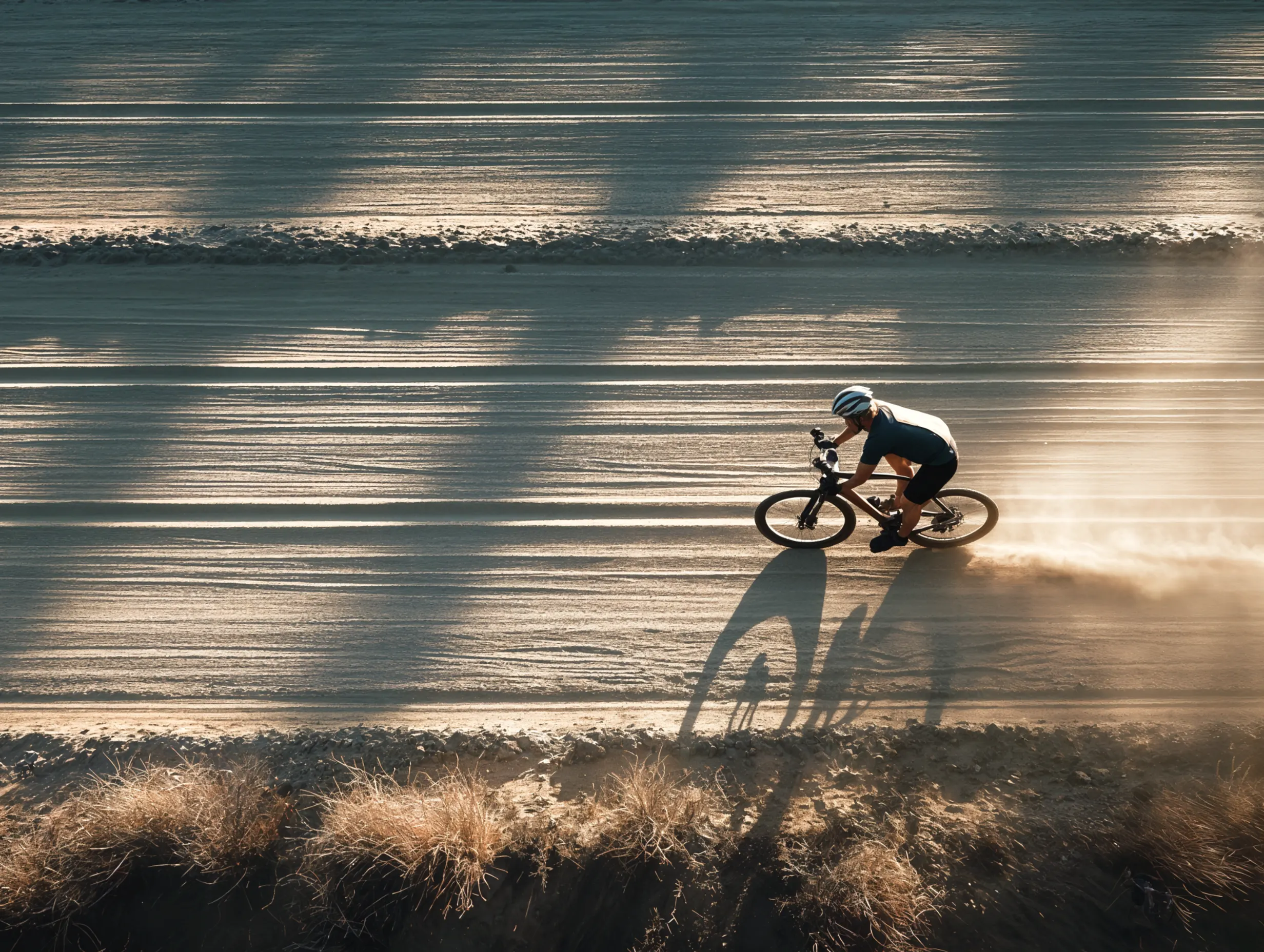 Side view of a cyclist riding on a dirt road in warm evening light