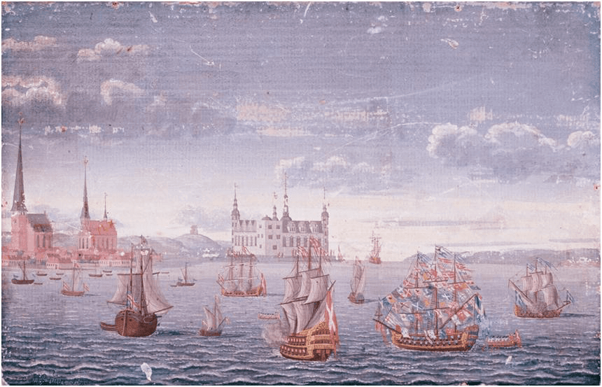 A serene seascape with multiple sailing ships under a cloudy sky, reflecting the colors of dawn or dusk.