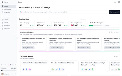 Quboid Studio dashboard showing active campaigns, member statistics, Qurious AI insights with suggested actions, and a template gallery for automated campaigns.
