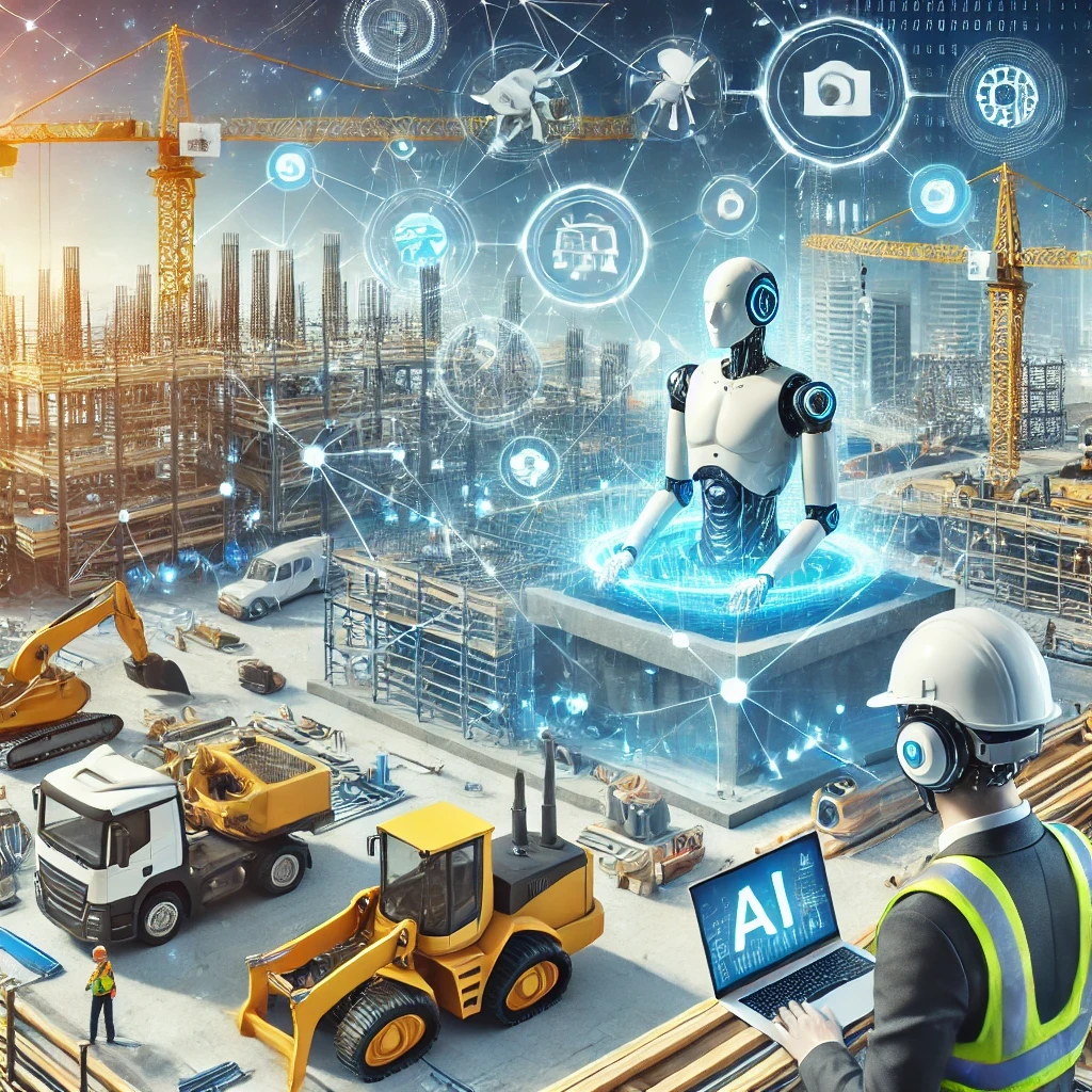 chantier moderne intégrant des robots et des technologies pilotées par l'IA.