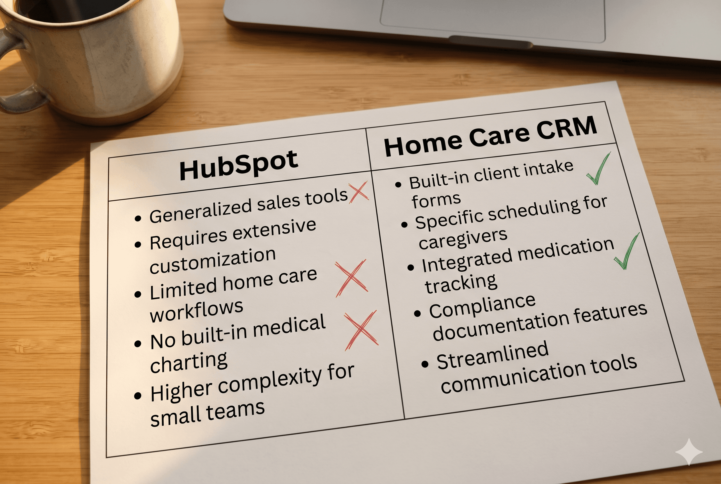 A printed comparison chart on a wooden desk with a coffee mug and laptop in the background contrasts a list of features for HubSpot (marked with red 'X's) against a list of features for a specialized Home Care CRM (marked with green checkmarks).