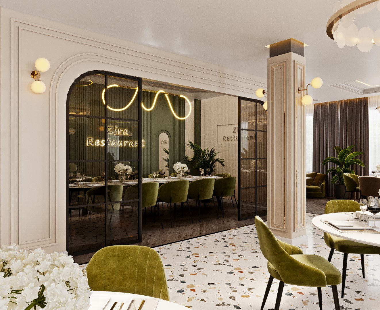 Stylish modern restaurant interior featuring elegant green velvet chairs, terrazzo flooring, and warm ambient lighting with contemporary design elements.