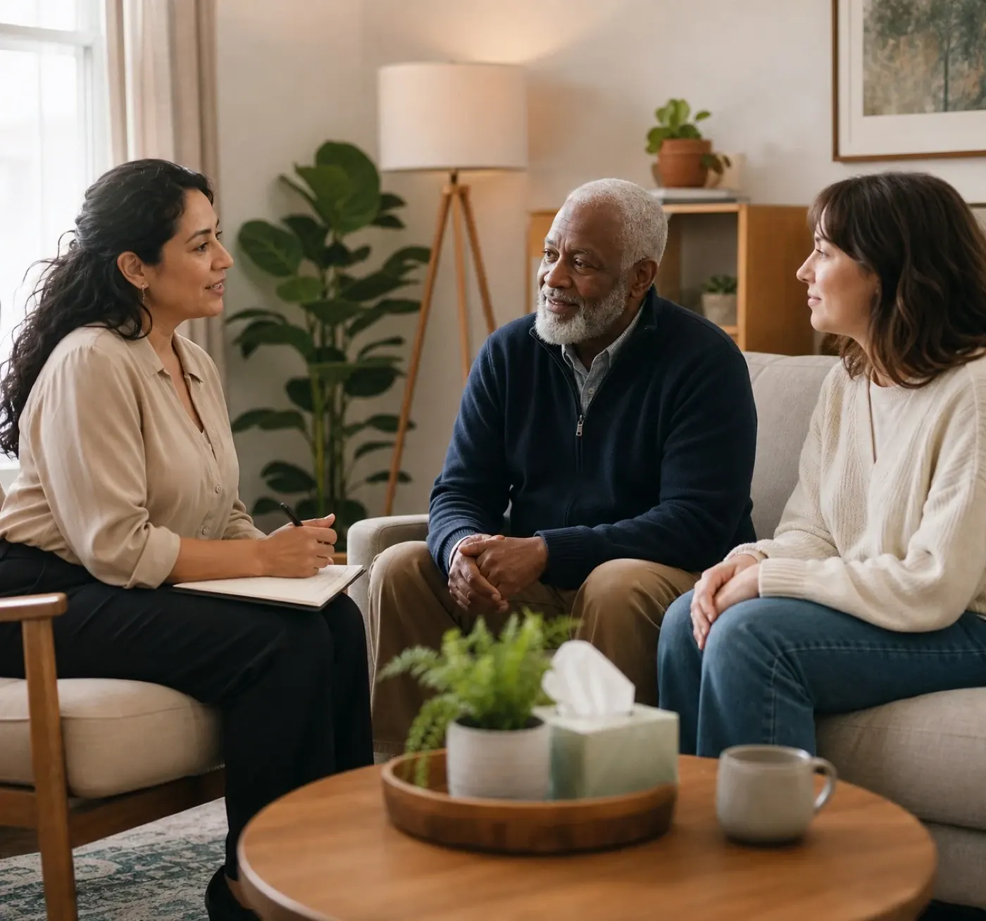 Counselor meeting with three adults in a comfortable office