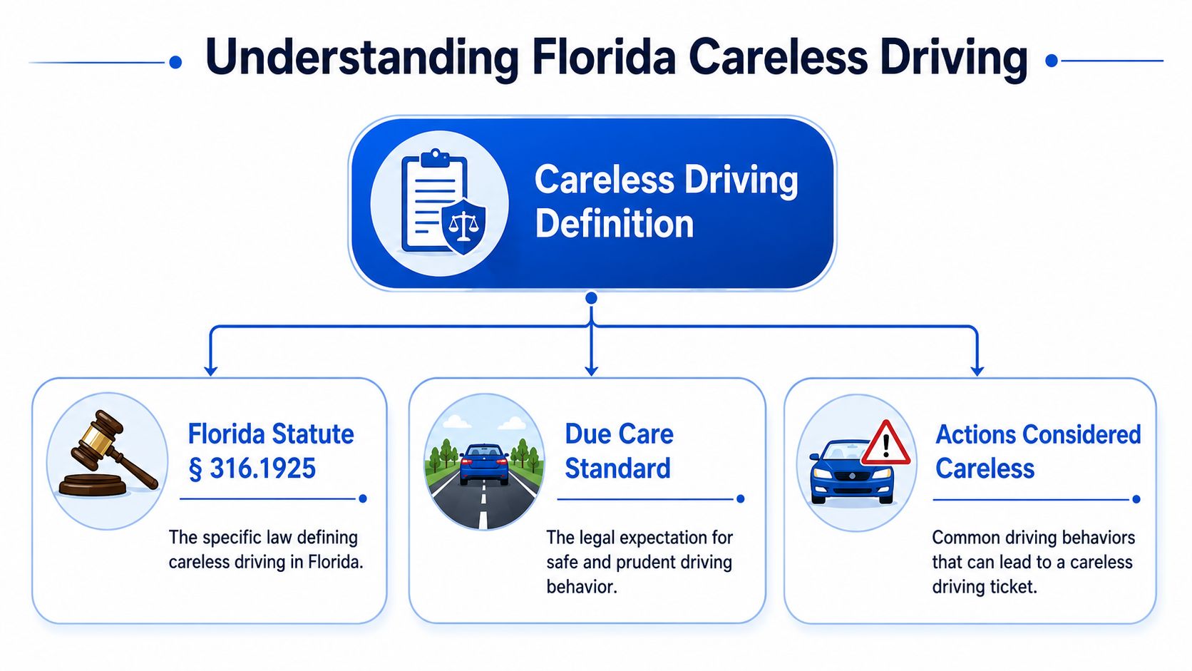 An infographic titled Understanding Florida Careless Driving explaining the legal definition, standards, and actions involved.