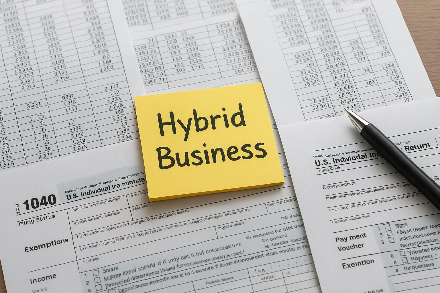 Desk covered with tax forms and spreadsheets, with a sticky note reading “Hybrid Business,” symbolizing confusion about business classification.