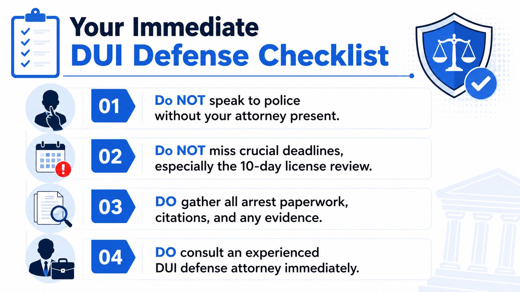 An infographic titled Your Immediate DUI Defense Checklist providing four critical steps to take after an arrest.