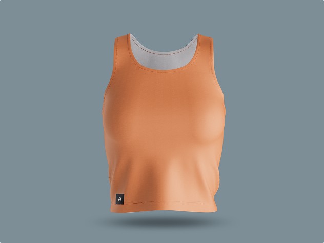 Orange athletic tank top displayed against a blue backdrop, featuring a small black label with the letter “A” near the bottom edge.