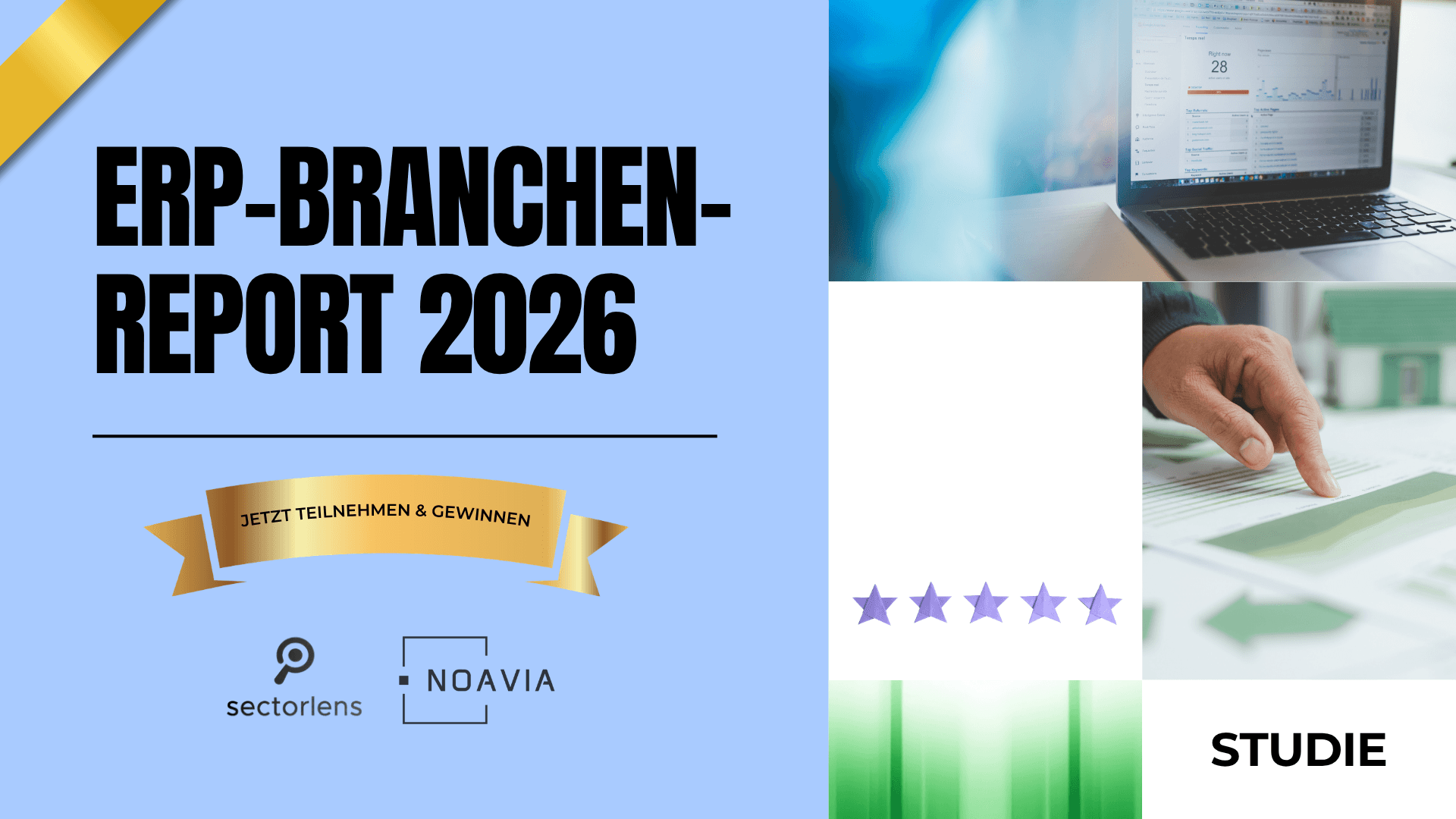 Deckblatt der Studie „ERP-Branchenreport 2026“ von NOAVIA und Sectorlens. Die Grafik stellt zentrale Themen für den ERP Mittelstand dar, darunter die KI ERP Integration, eine fundierte ERP Analyse sowie Wege, ein ERP-System der Zukunft proaktiv zu modernisieren. Visuelle Elemente zeigen einen ERP-Gesundheitscheck und moderne ERP-Software für den Mittelstand im Einsatz.