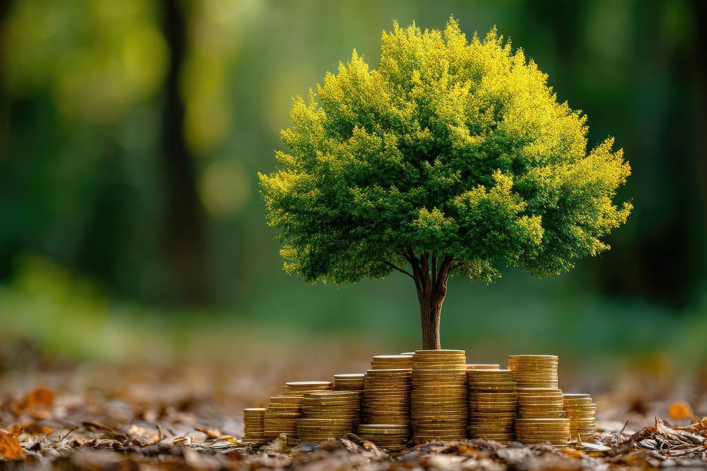 a tree growing out of a pile of coins