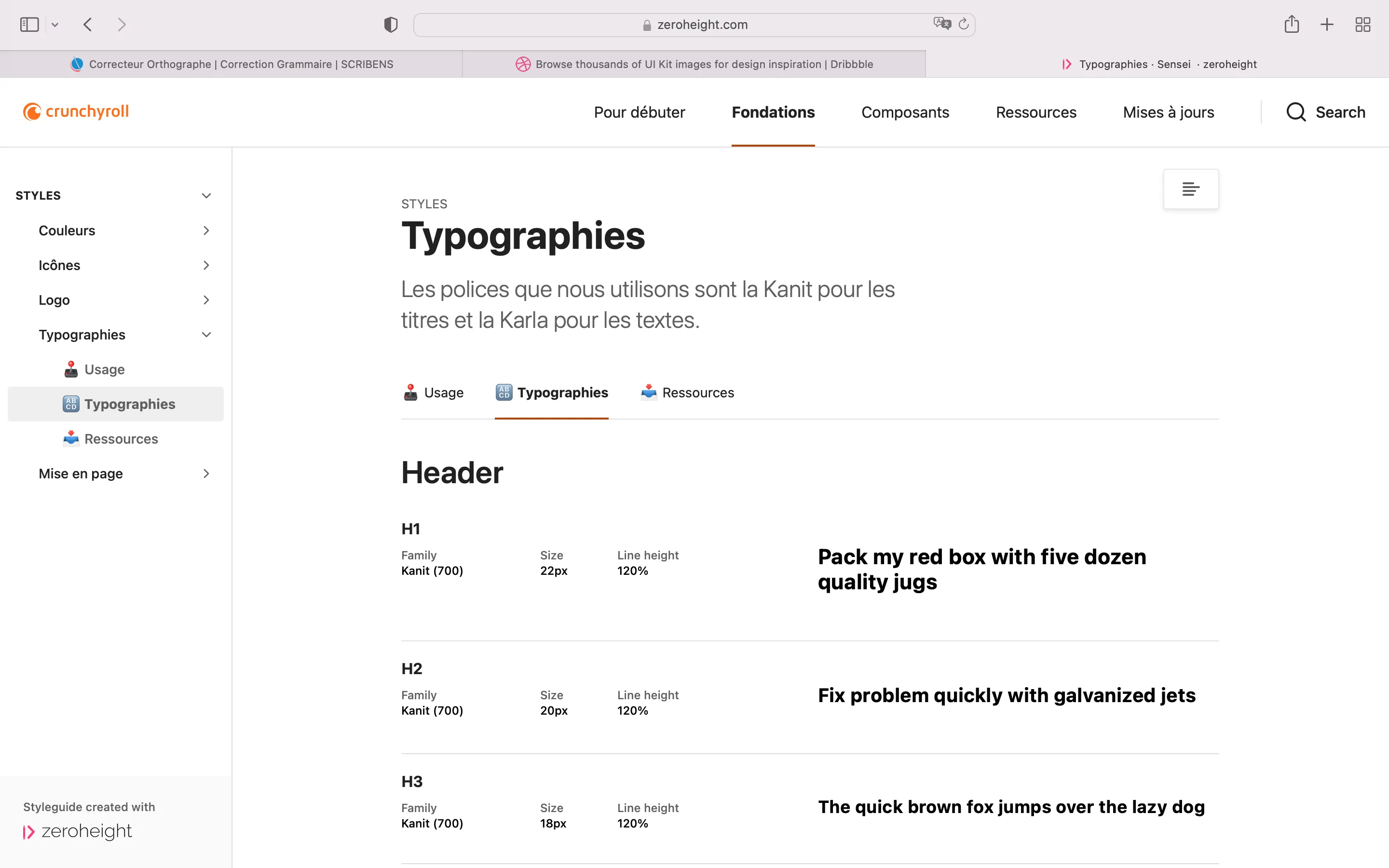 Page présentant les fondations du design system, avec l'exemple des différentes tailles de typographies et leurs explications