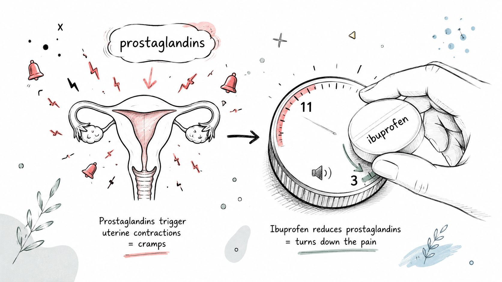 A diagram illustrating how ibuprofen reduces prostaglandin levels to decrease uterine contractions and menstrual pain cramps.
