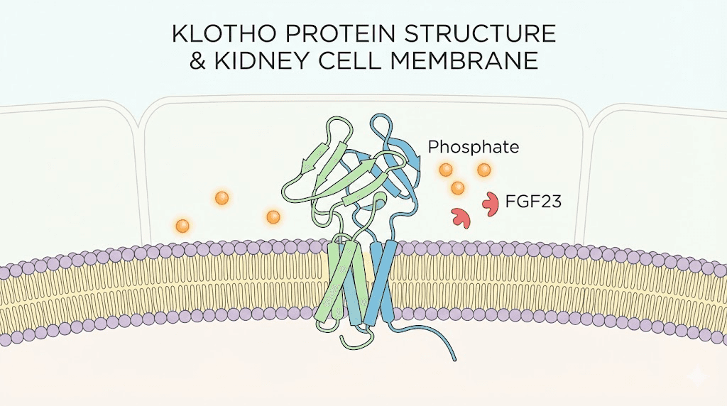 Klotho protein structure on kidney cell membrane with FGF23 signaling