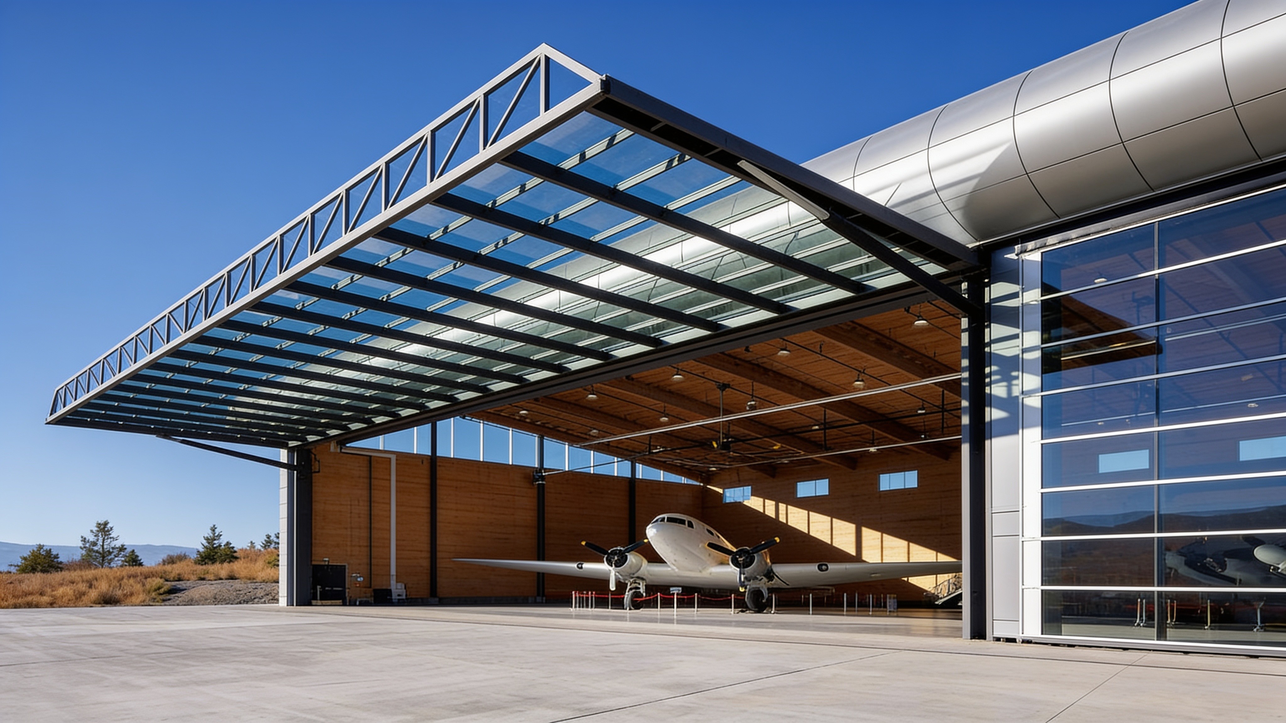 Aircraft inside a modern hangar with open hydraulic doors