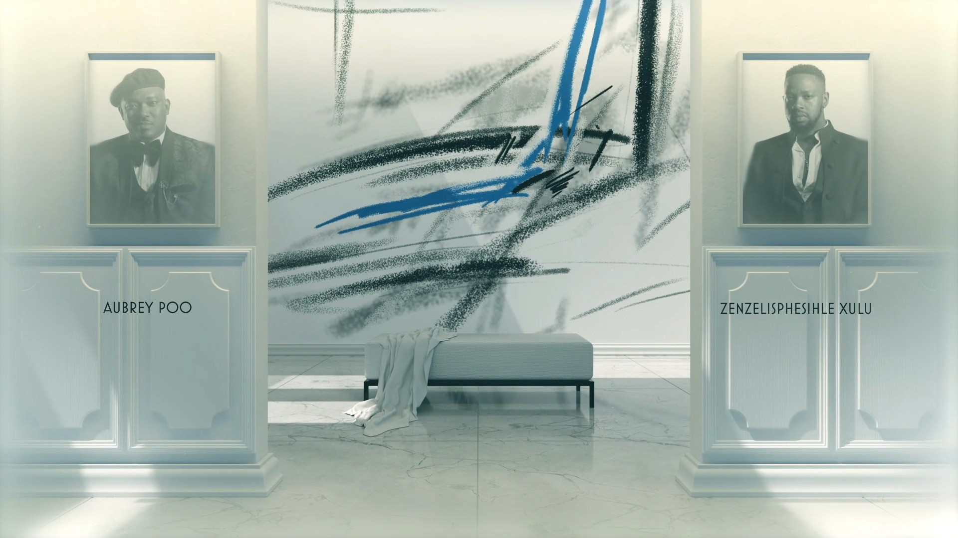 Interior rendered scene with portraits and illustrations on the wall