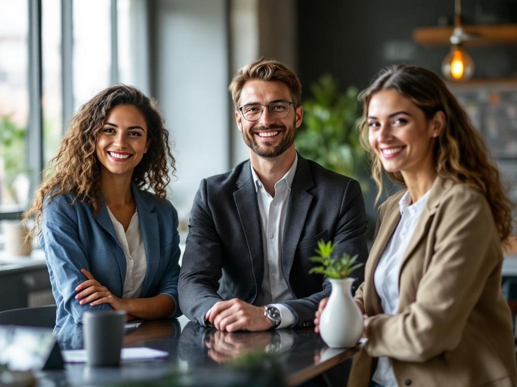 Three smiling business people sitting at a table