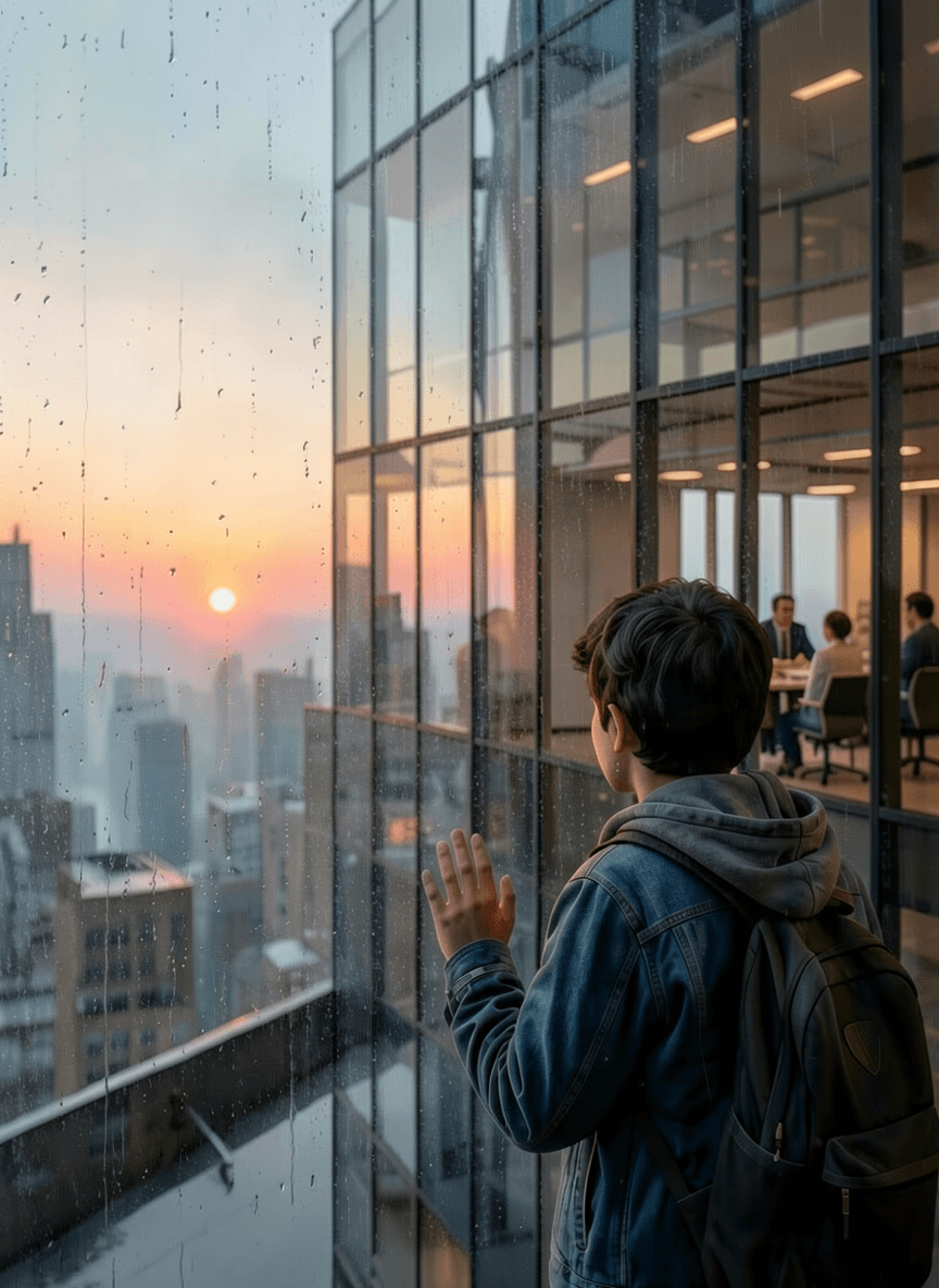 A child looking through rain-streaked glass toward a city at sunset
