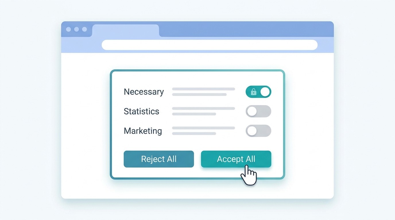 Cookie Consent Banner einer DSGVO konformen Website mit Schaltern für Cookie Kategorien