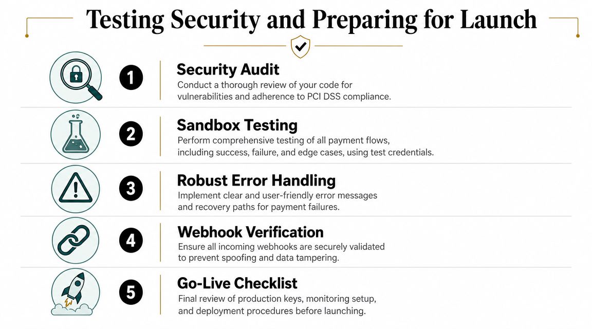 A five-step infographic titled Testing Security and Preparing for Launch, outlining essential steps for secure payment processing.