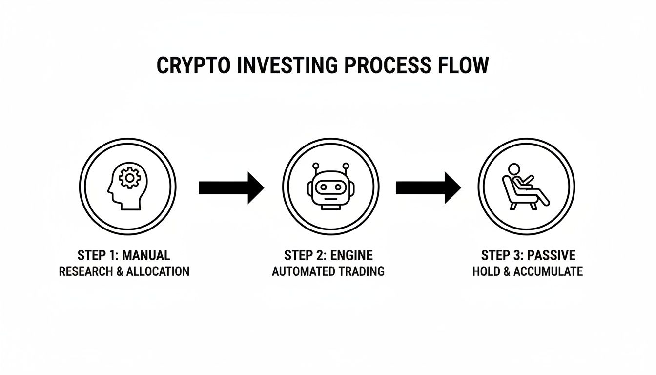 Flowchart illustrating a crypto investing process with manual research, automated trading, and passive holding steps.