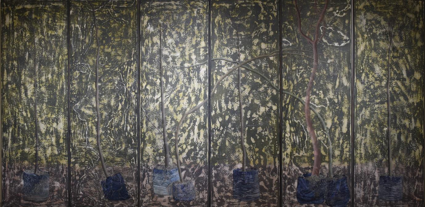 herd of sheep on road painting