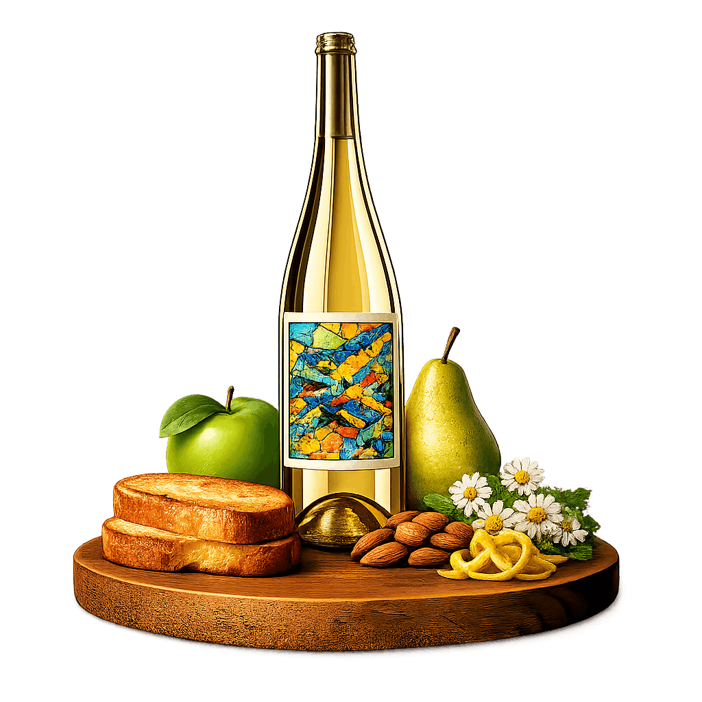 Artistic label and flavor profile for Spanish Cava on a rustic wooden table.