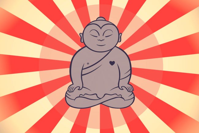 A stylized gray figure resembling Buddha is seated in a meditative pose with legs crossed and hands resting on its knees. The figure has closed eyes and a serene expression. Behind it, a red sunburst pattern radiates outward, with cream-colored stripes extending from the center. The figure’s torso has a single small black heart symbol on its chest.
