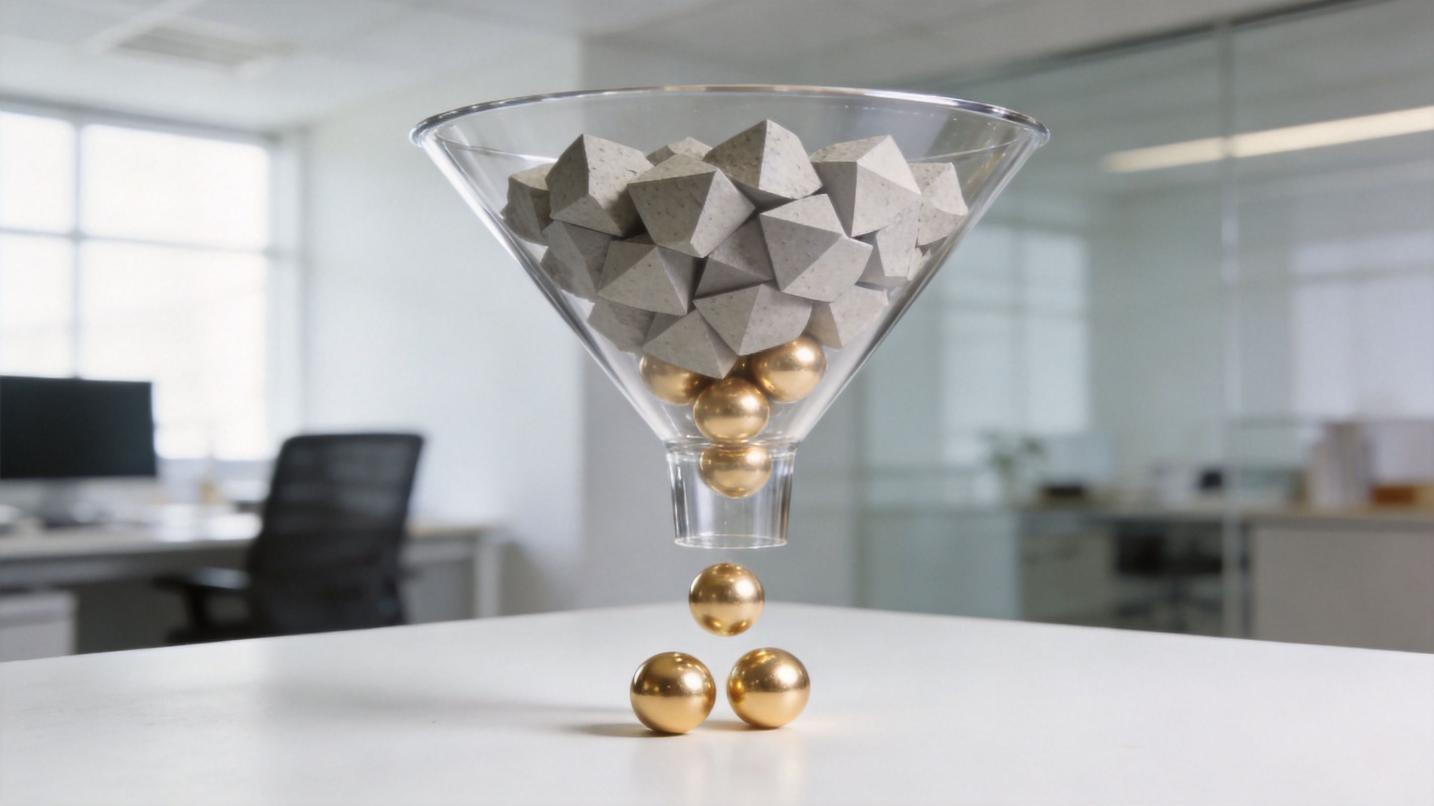 A glass funnel filters gray polyhedral shapes, turning them into gold spheres resting on a white surface.